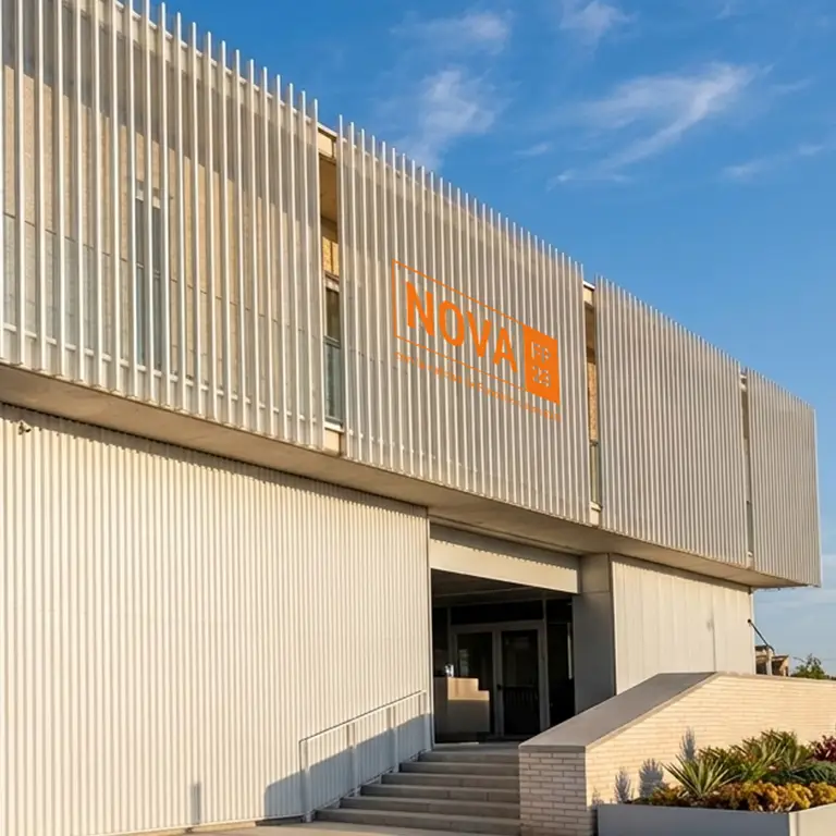 Vista exterior de la fachada moderna del campus de NOVA FP23 con rampa de acceso accesible y logo naranja